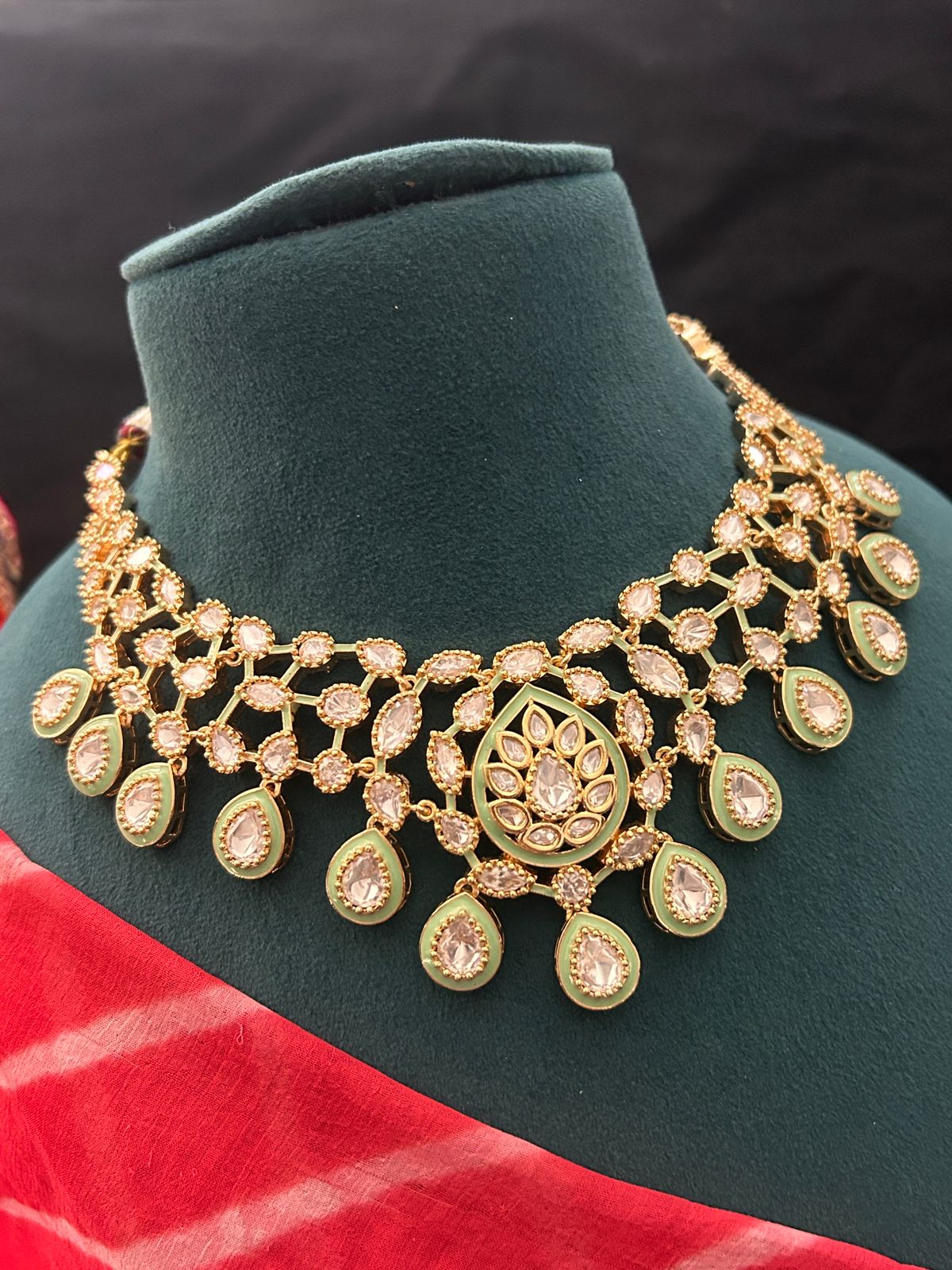 Elegant Mint Green & White Kundan Bridal Necklace Set with Earrings & Maang Tikka
